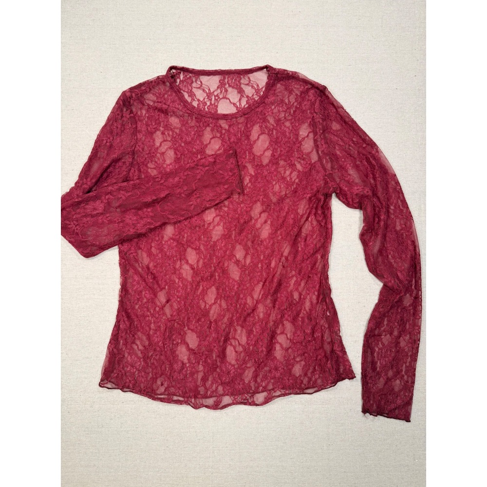 Burgundy Floral Lace Sheer Long Sleeve Crew Neck Top Plus Size 2XL